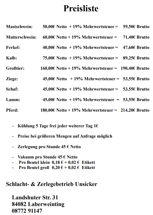 preisliste unsicker